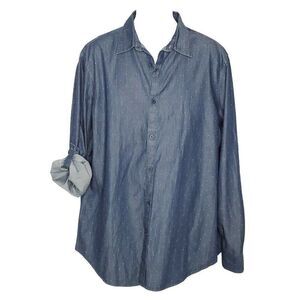 NEW Perry Ellis Mens Button Down Shirt XL Blue Chambray Mini Dot Long Sleeve
